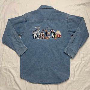 vintage 90s Warner Bros Studios Looney Tunes embroidered denim button up